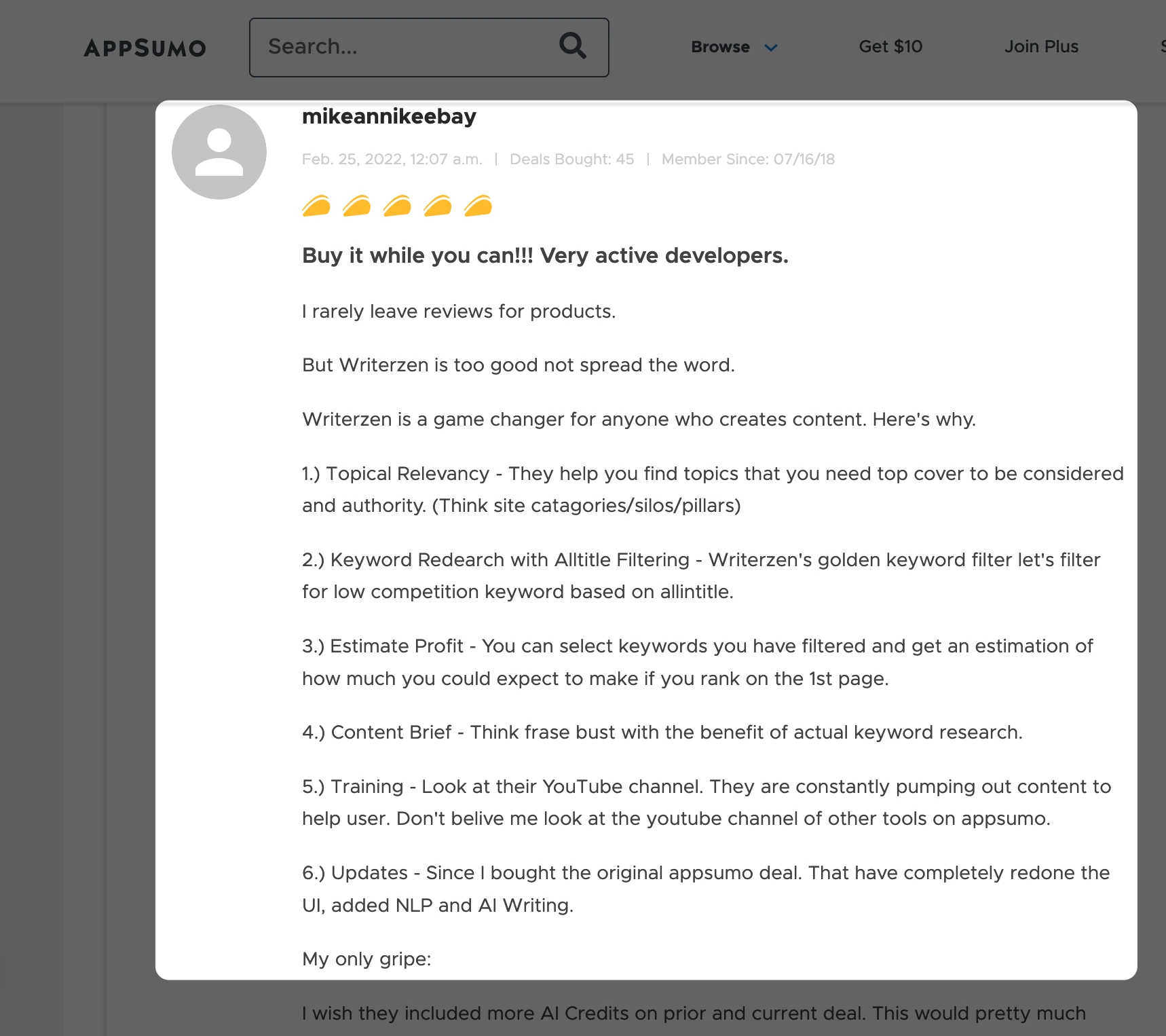 A 5-star review on WriterZen on Appsumo